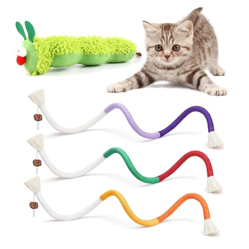 CUEMOON 4 Stück Katzenminze Spielzeug Kätzchen-Raupen-Katzenminze-Spielzeug Raupen-Kicker mit 3 Beißseilen für Katzen Interaktives Katzenspielzeug Selbstbeschäftigung für Katzen Zahnpflege