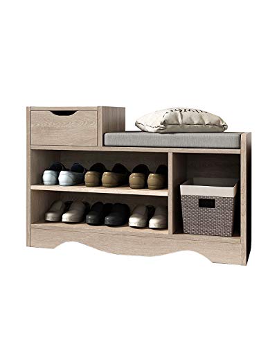 Schuhbank mit Sitzkissen Schuhregal mit Schublade Sitzbank Flur Schuhablage Schuhkommode Lowboard Garderobe Möbel Rack Kissen Polster Flurschrank-Organizer für Eingangsflur und Wohnzimmer Holzfarbe