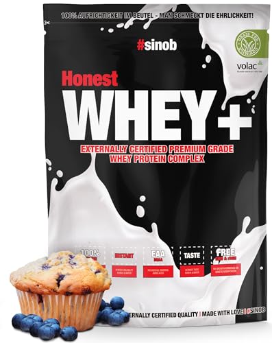 sinob Honest Whey Protein Blaubeere Muffin 1 x 820 g. 12 5% Isolate Anteil. Instant lösliches Eiweiss Protein Pulver mit EAA BCAA aus frischer Weidemilch. Optimaler Muskelaufbau