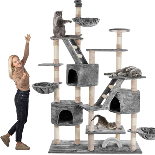 HAPPYPET Kratzbaum deckenhoch 260 cm hoch Kletterbaum SAM Großer XXL Katzenbaum Stabil für mehrere Katzen stabile 8 cm Säulen Liegemulden Häuser mit Zubehör Grau
