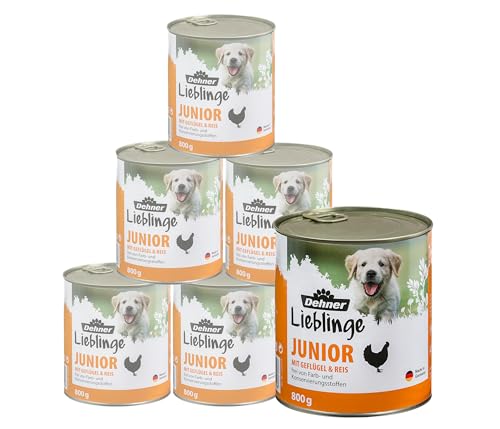Dehner Hundefutter Nassfutter vitaminreich für Welpen und junge Hunde Geflügel Reis 6 x 800 g Dose 4.8 kg