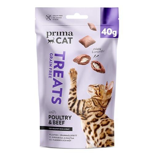 PrimaCat - Getreidefreie knusprige Katzenleckerlis für Haut und Fell Geschmacksrichtung Rind und Geflügel 40g