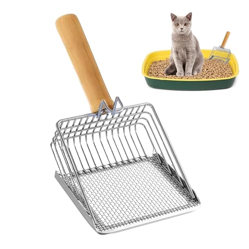 Streuschaufel Edelstahl-Streuschaufel Speed Sifter Antihaft-Schaufel mit Holzgriff für Kätzchen im Innenbereich Katzenkotschaufel mit Haken Katzenreinigungswerkzeug robuste Haustierschaufel