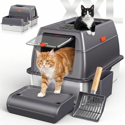 Edelstahl Katzenklo XXL mit Deckel Große Katzentoilette Geschlossen Abnehmbare Dreischichtige Katzentoilette Katzen WC mit hohem Fassungsvermögen inkl. Streuschaufel Katzenstreumatte 60x40x40 cm