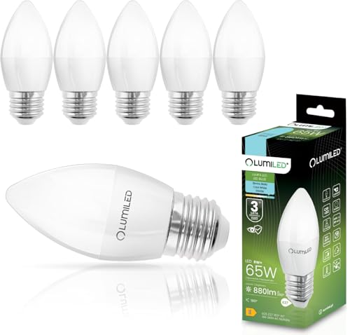 Lumiled B35 E27 Fassung LED Lampe 8W ersetzt 65W 880 Lumen Kerze Milch Glas Leuchtmittel in Kerzeform 6500K Kaltweiß Birne Lampen 180 Grad Abstrahlwinkel LED Lampen Kerzenbirnen 6er-Pack