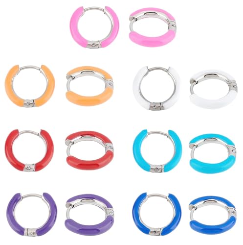 DICOSMETIC 7 Paar 7 Farben Emaille Creolen Edelstahl Huggie Creolen Böhmen Emaillierte Kleine Mini Runde Kreis Charm Statement Ohrring Für Frauen Mädchen Schmuck