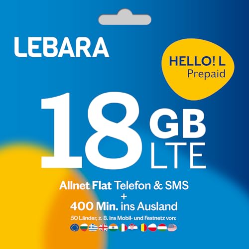 Lebara Prepaid SIM-Karte mit Hello L Prepaid Tarif ohne Vertrag Allnet Flat Telefonie SMS 18 GB Datenvolumen inkl. LTE und 400 Frei-Min. ins Ausland
