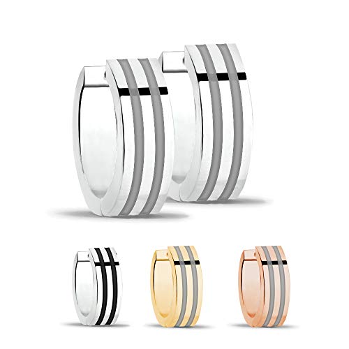 Treuheld Gestreifte Bicolor Creolen Ohrringe Edelstahl 7mm x 12mm Silber Silber zweifarbige Klappcreolen Damen Herren Set Paar