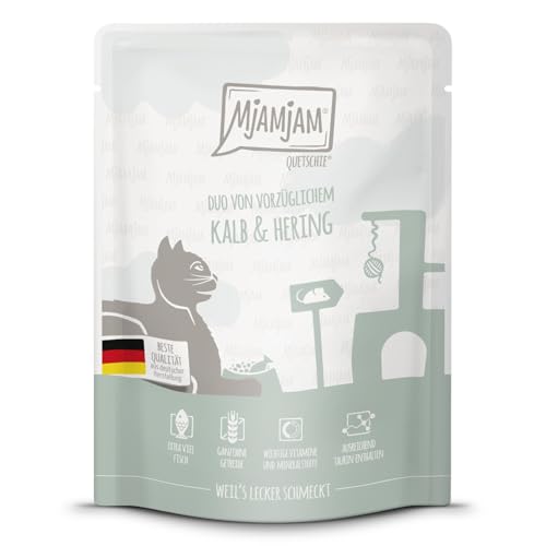 MjAMjAM - Premium Nassfutter für Katzen - Quetschie - Duo von vorzüglichem Kalb Hering 1er Pack 1x300g getreidefrei