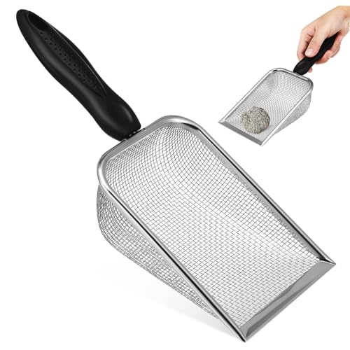 BESTonZON Edelstahl-streuschaufel Mit Schmutzkorb Für Katzenstreu Metall-Schaufel Mit Schmutzsieb Für Katzenklo Kleine Löcher Für Effizientes Filtern Und Einfache Reinigung