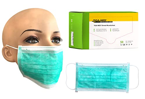 Tiga-Med Einmal OP Mundschutz Mundschutzmaske Mundschutzmasken OP Maske Masken Gesichtsmaske 99 5% Filtereff. grün Original Qualität mit Gümmibändern 3-lagig 50 Stück