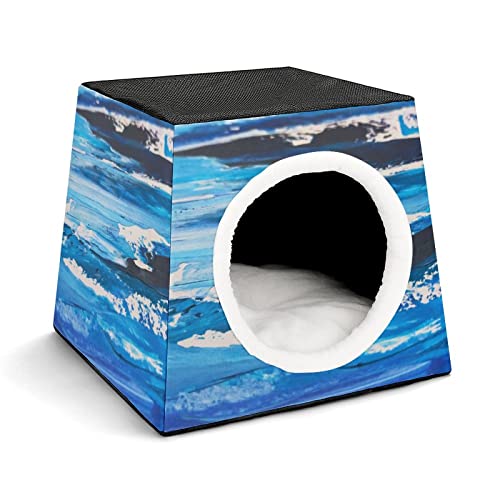 3 In 1 Haus Betten für Kleine Bedruckte Katzenhäuser Katzenhöhle mit Abnehmbarem Blaue Wellen malen
