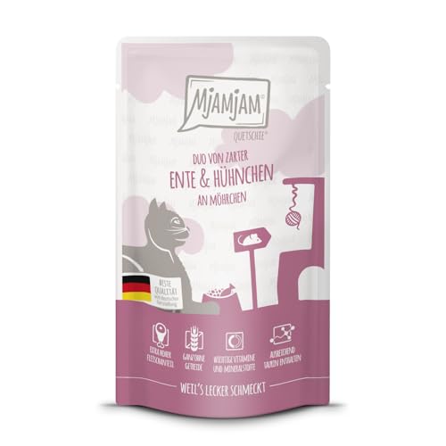 MjAMjAM - Premium Nassfutter für Katzen - Quetschie - DUO von zarter Ente saftigem Hühnchen an Möhrchen 1er Pack 1 x 125g getreidefrei mit extra viel Fleisch
