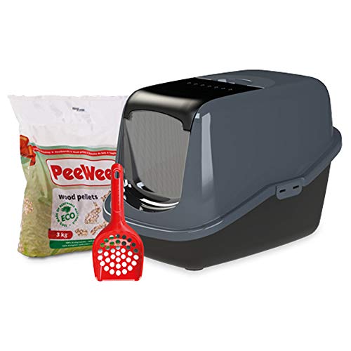 PeeWee Katzentoilette EcoHus Katzenklo mit Haube Katzen WC geschlossen inkl. 3kg Streu Holzpellets Farbe Schwarz-Anthrazit