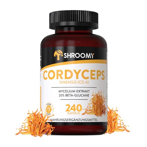 Cordyceps sinensis CS-4 Pilz Extrakt Kapseln - 240 Stück - hochdosiert mit 20% Beta Glucane und 40% Polysaccaride - 760 mg Extrakt pro Tagesdosis - Laborgeprüft und Vegan - DE - SHROOMY