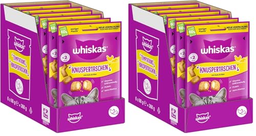 WHISKAS Knuspertaschen Katzensnacks Huhn Käse 6 x 60g Snacks mit Huhn und Käse für Katzen Packung mit 2