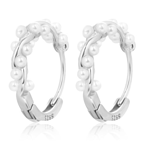 Perlen Creolen für Damen S925-Sterlingsilber Gedreht Huggie-Creolen kleine Perle Statement Creolen Mode Charm Schmuck Geschenk für Frauen Mädchen Hochzeit Braut Silber