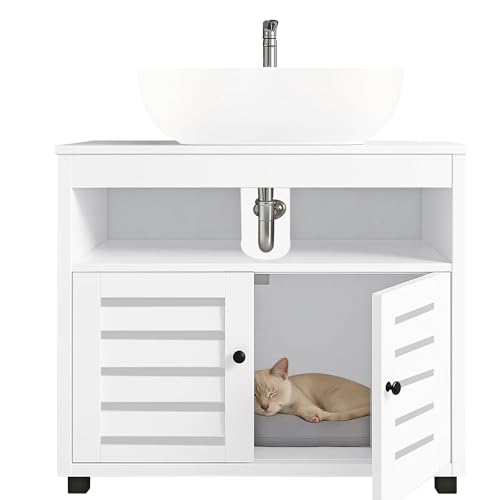 EASECAT Katzenschrank Waschbeckenunterschrank für Katzenklo oder Katzenhöhle Flexibler Einstieg Links rechts Weiß 60x44x60 cm Verstecktes Katzenklo stilvolle Katzentoilettenmöbel