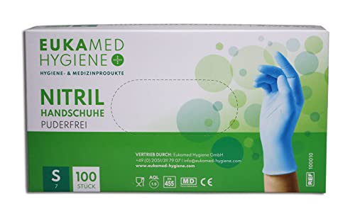 Eukamed Hygiene GmbH Nitril Handschuhe S 100 Stück puderfrei latexfrei hypoallergen Lebensmittelhandschuhe medizinische Einweghandschuhe Pack 100 Stück Größe S