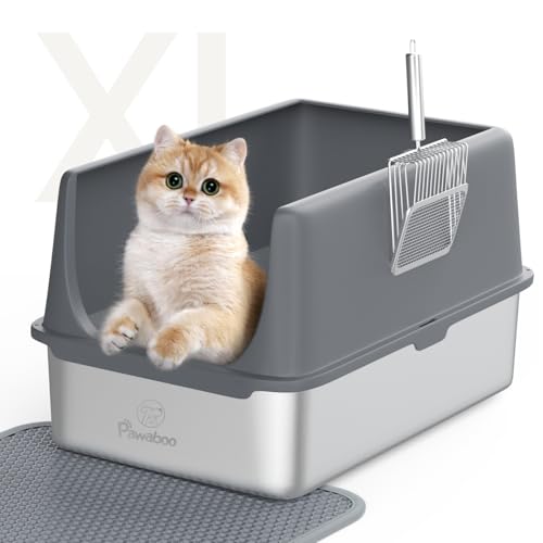 Katzenklo Edelstahl mit Deckel 60 L x 40 W x 35 H cm XXL Katzenklo Katzentoilette Edelstahl Antihaft-Streuschale mit Streuschaufel und Streumatte