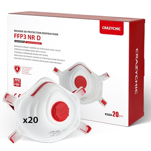 CRAZYCHIC - 20x FFP3 NR D Atemschutzmaske mit Ventil - CE Zertifiziert EN149 Staubschutz - Staubschutzmaske gegen Rauch Verschmutzung Staub - Für Arbeit Baustelle Industrie Lackieren Chemie