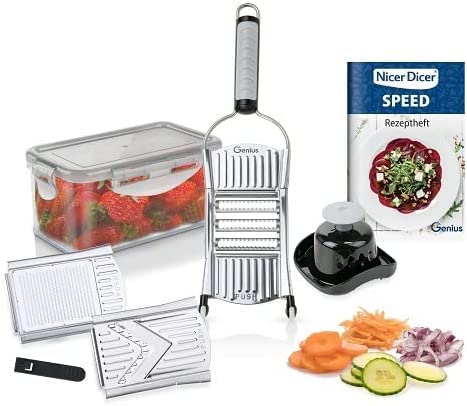 Genius Nicer Dicer Speed Set 9-tlg Multihobel - Gemüseschneider Gemüsehobel mit 3 Einsätzen Schneidguthalter Auffangbehälter 550ml Parmesanreibe Juliennereibe und V-Hobel Silber