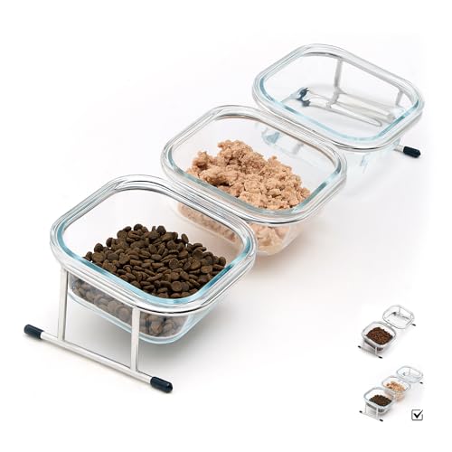 Hannadepot Erhöhte Katzennäpfe 15 geneigter Glaserhöhter Katzenfutterschüssel mit Edelstahlständer 3 Glas-Katzennäpfe und 4 Anti-Rutsch-Füße Katzen Sachen geeignet für Katzen und kleine Hunde