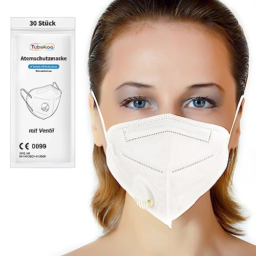 TubeRoo FFP2 Maske mit Ventil 30 Stück Masken Versand aus Deutschland Staubmaske Atemschutz Feinstaub Feinstaubmaske Staubschutzmaske Partikelfilter Atemschutzmaske Mundschutz mit Ausatemventil