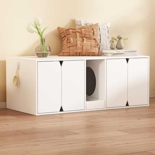PREMTURE Katzenschrank Katzentoilette 4-türiger Katzenklo Schrank Katzenhaus mit Tür und Abfallbehälter 43 x 52 x 110 cm Sitzbank weiß MDF