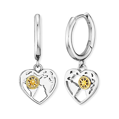 Engelsrufer Damen Creole Aloha aus Sterling Silber mit Herzanhänger Weltkarte und Windrose Bicolor - Clipverschluss - nickelfrei - Größe 14mm