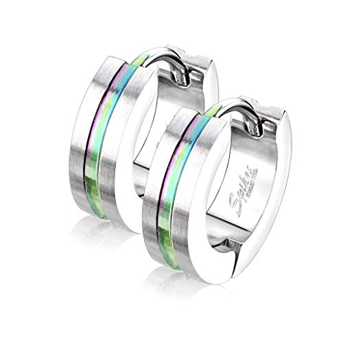 BlackAmazement 2er Set Paar 316L Edelstahl Klapp Creolen Streifen Linie Fuge silber gold blau regenbogen schwarz Herren Damen Regenbogen