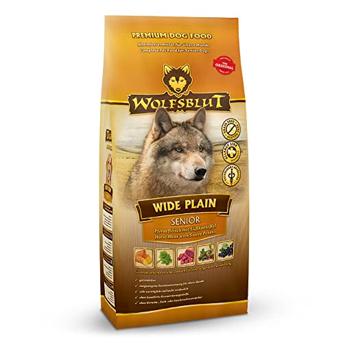 WOLFSBLUT Wide Plain Senior Trockenfutter mit natürlichen Zutaten und wertvollen Superfoods für ältere Hunde. Getreidefreies Alleinfutter ohne Zusatzstoffe im Beutel 4x2kg Pferd