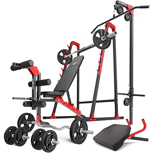 Marbo Sport - Set MH26 verstellbare Hantelbank Langehantelständer Latzug Curl-Bank Beintrainer 1 x SZ-Curlstange 2 x Kurzhantelstange 1 x Langhantelstange Gewichtsscheiben 83 insg. Kg