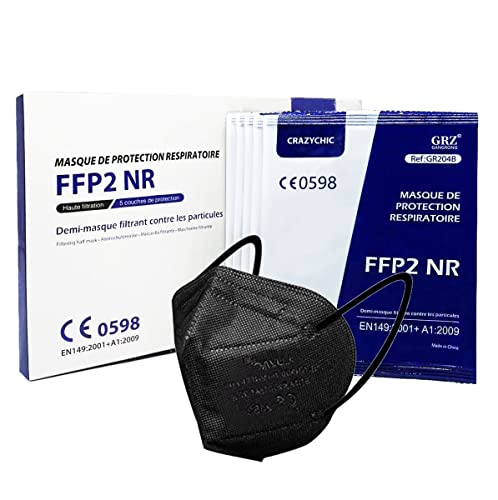 CRAZYCHIC   10 Stück Schwarz Atemschutzmaske   CE EN 149 Schutzmaske 5 Lagen   Staubschutzmaske Mundschutzmaske   Hohe Filtration Hygienisch Einzelverpackt
