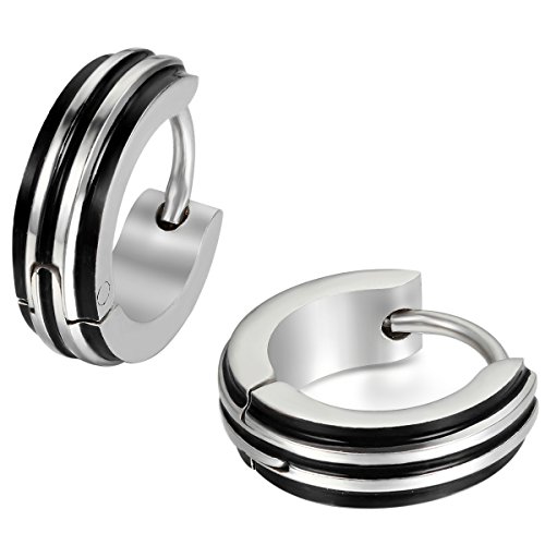 JewelryWe Schmuck Edelstahl Gestüt Stecker Creolen Huggie Ohrringe Ohrstecker Ohrhänger Silber Schwarz Streifen Gestreift Motorradfahrer Biker Einzigartig Herren