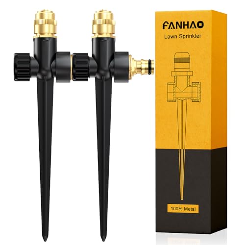 FANHAO 2 Stück Doppelpack Rasensprinkler aus Metall für den automatischer Wassersprinkler auf Stachelsockel Grad Große Flächenabdeckung für Rasen Gartenbewässerung Eisenhaltig