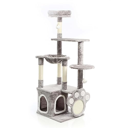 Fudajo Kratzbaum mit Pfoten-Kratzbrett Grau 135 cm Katzenkratzbaum mit Katzenhaus und Liegemulde Katzenbaum mit Plattformen Kletterbaum für Katzen
