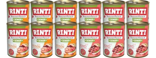 RINTI-Kennerfleisch Senior Mixpaket 12 x 400g Nassfutter für ältere Hunde je 6X Huhn Rind getreidefrei 66% Fleisch mit Omega 3 Rübenfaser ohne Konservierungsstoffe