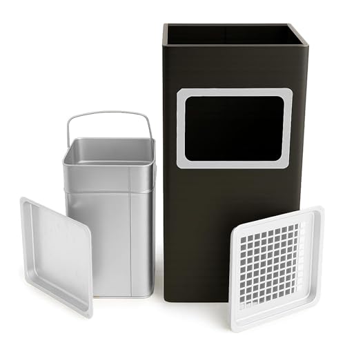VIALIA Standaschenbecher für draußen 61 x 25 x 3 cm Schwarz Edelstahl Mülleimer mit Aschenbecher herausnehmbarer Inneneimer und Gitteraufsatz