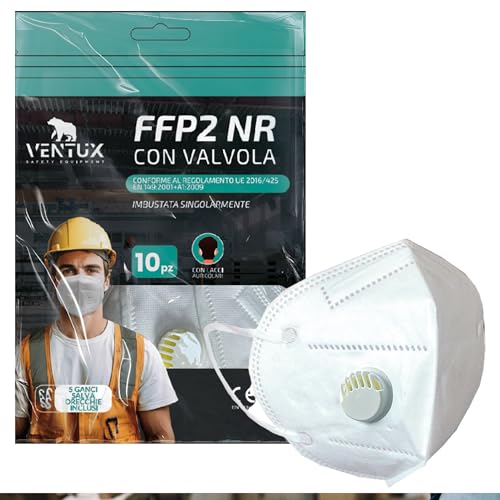 VENTUX SAFETY EQUIPMENT FFP2 NR Maske mit Ventil Atemschutzmaske CE Zertifiziert Einzeln Verpackt Ergonomische Passform Staubschutzmaske für Arbeit Bau DIY 10