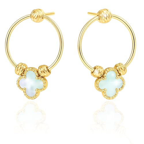 ZELYA Vergoldete Damen Ohrringe Silber 925 585 Creolen mit vierblättrigem Kleeblatt Perlmutt Naturstein Symbol Glück Geschenk Schmuck Goldoptik