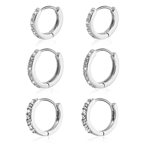 3 Paar Klein Creolen Silber Rund Damen Silberohrringe Zirkonia Kleine Creolen Set Damen Strass Creolen aus Ohrringe Kreolen Klein Silber Mann Hoop Earrings