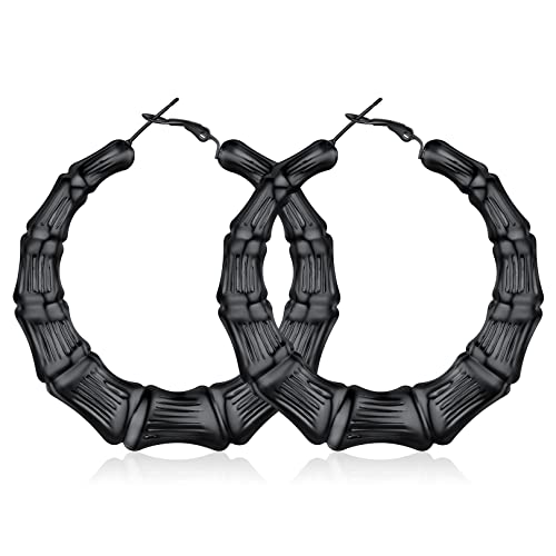 FOCALOOK Damen Hoop Ohrringe Schwarz Bambus-Design Kreis Creolen 60mm Runde Statement Ohrringe Street Style Modeschmuck Accessoire für Bürodamen Office Lady