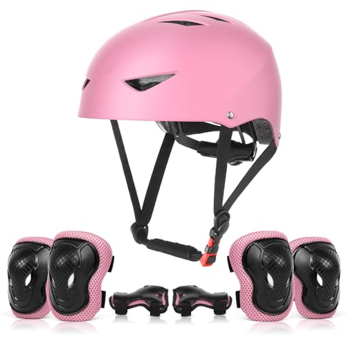 ValueTalks Kinderhelm Skateboard Helm mit Schützer inliner Schonerset Kinder Protektoren Helm für inliner Skateboard Fahrrad Rollschuh 54-58cm Kopfumfang Rosa