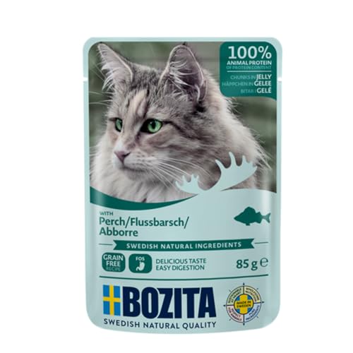 BOZITA Nassfutter Häppchen in Gelee mit Barsch 12x85g Pouch Portionsbeutel - getreidefrei - für erwachsene Katzen