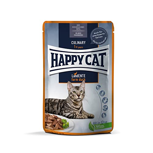 Happy Cat 70621 - Culinary Meat in Sauce Land Ente Pouch - Nassfutter für ausgewachsene Katzen und Kater - 85g Inhalt