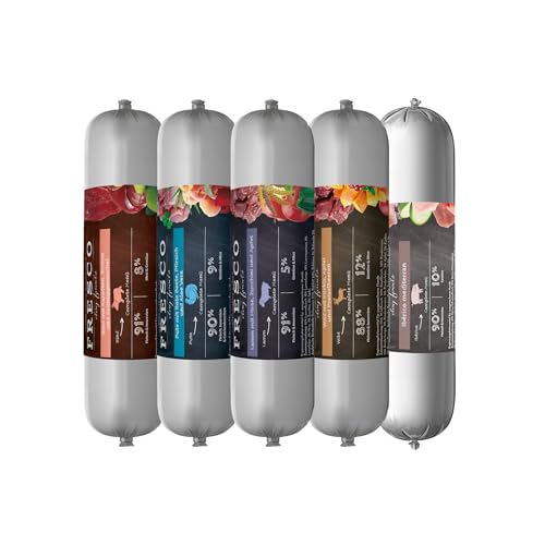 FRESCO Dog Barf Hundewurst schnittfest PROBIERPAKET I 5 x 400g Lamm Wild Rind Pute Ib rico Getreidefrei hoher Fleischanteil über 86% Nassfutter für Hunde Aus Deutschland