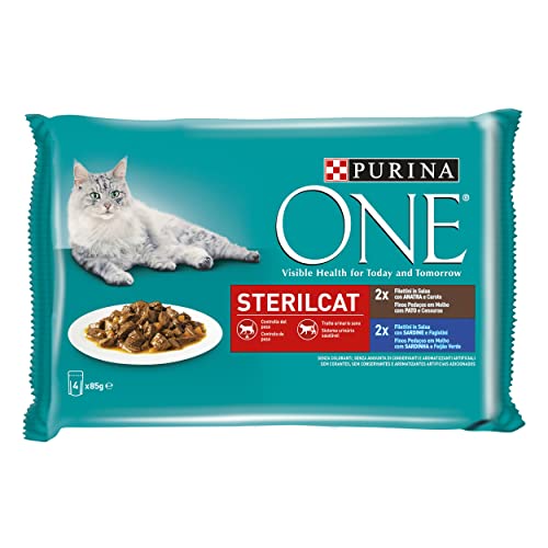 PURINA ONE Sterilcat Nassfutter für Erwachsene Katzen sterilisiert Pat mit Ente und Sardinen 48 Beutel 85 g
