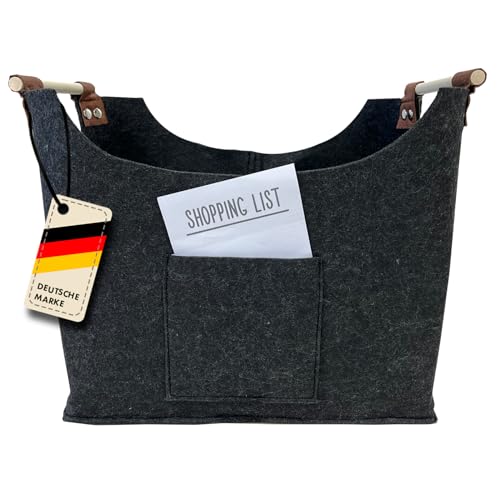 KARAT Holzkorb für Kaminholz Kaminholzkorb Brennholzkorb Korb für Kaminholz Kaminholztasche aus Filz mit Holzgriffen 45x32x41cm 60 Liter anthrazit universell einsetzbar Feuerholzkorb Vesta