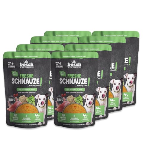 Bosch Freshe Schnauze Pute mit Quinoa und Spinat 8 x 250 g Schonend Dampfgegartes Nassfutter für Hunde Vollwertiges Alleinfuttermittel mit hohem Fleischgehalt 8 x 250 g Hundenassfutter